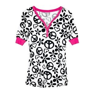 Free Play Groovy Peace & Love Henley Sleepwear Top Size Large Pink Black White